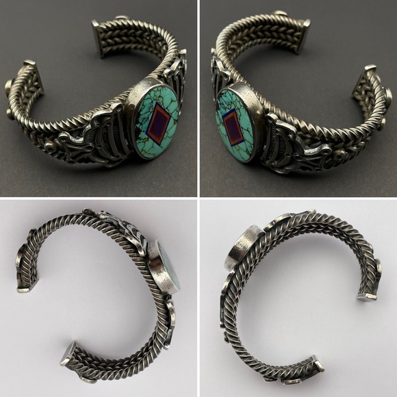 Vintage Navajo Ray Tracey & Knifewing Segura Sterling Silver Inlay Cuff Bracelet - Picture 3 of 16